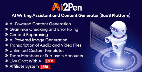 Ai2Pen – AI Writing Assistant and Content Generator (SaaS Platform) PHP Script